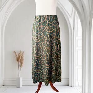 Vintage Equestrian Horsebit Print Green Midi Skirt. 100% cotton.